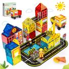 Conjunto de estradas de azulejos magnéticos HarworLife com caminhões de bombeiros e 2 bonecos