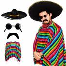 Conjunto de Fantasia Mexicana Colorida com Poncho Listrado, Chapéu e Bigode