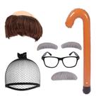 Conjunto de fantasias: peruca careca com sobrancelhas postiças, bigode e óculos