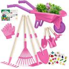 Conjunto de ferramentas de jardinagem para crianças Qtioucp com carrinho de mão rosa