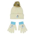 Conjunto de Gorro de Tricô Branco com Pom Pom e Luvas para Crianças Grandes Bluey