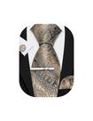 Conjunto de gravata Barry.Wang Khaki Grey Paisley Silk 150 cm