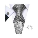 Conjunto de Gravata e Abutões Masculinos - Seda Jacquard Preto, Branco, Cinza e Prata