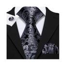 Conjunto de Gravata e Abutões Masculinos - Seda Jacquard Preto, Branco, Cinza e Prata