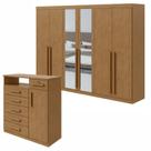 Conjunto de Guarda-Roupa 6 Portas com Espelho Bertha com Cômoda da Vinci com Nicho Marrom/Amêndoa Clean