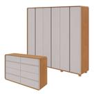 Conjunto de Guarda-Roupa Casal Loop 6 Portas com Pés e Cômoda 8 Gavetas 152x48x96cm Loop Marrom/Amêndoa Clean/Off White