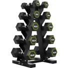 Conjunto de Halteres HANDBODE 45 kg com Revestimento de Borracha Hexagonal e Suporte Conjunto de Halteres HANDBODE 45 kg com Revestimento de Borracha Hexagonal e Suporte