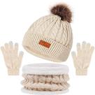 Conjunto de Inverno Feminino: Chapéu, Cachecol e Luvas com Bola de Pele Sintética