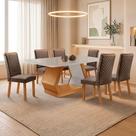 Conjunto de Jantar Alvorada Lira 6 Lugares Tampo Mdf com Vidro Veludo Marrom Nat Off 180cm Moderna