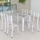 Conjunto de Jantar Mesa 140x75cm Tampo de Vidro Incolor com 6 Cadeiras Sara Yescasa Branco/Botanic Bege