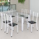 Conjunto de Jantar Mesa 140x75cm Tampo de Vidro Incolor com 6 Cadeiras Sara Yescasa Branco/Preto Floral