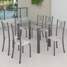 Conjunto de Jantar Mesa 140x75cm Tampo de Vidro Incolor com 6 Cadeiras Sara Yescasa Prata/Botanic Bege/Mart