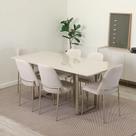 Conjunto de Jantar Mesa Retangular com Vidro Arcádia 6 Cadeiras Lucille - Champanhe c/ Off White - Palha Conjunto de Jantar Mesa Retangular com Vidro Arcádia 6 Cadeiras Lucille - Champanhe c/ Off White - Palha