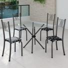 Conjunto de Jantar Mesa Tampo Redondo de Vidro Incolor com 4 Cadeiras Sara Yescasa Prata/Preto Floral/Mart