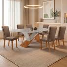 Conjunto de Jantar Yasmin Lira 6 Lugares Tampo em MDF com Vidro Serigrafado Veludo Capuccino Moderna
