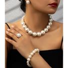 Conjunto De Joias Femininas Com Pérolas Grandes 5 Peças: Brincos, Colar, Pulseira E Anel Para Festas