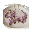 Conjunto De Joias Românticas Femininas Com Rosa, Colar, Pulseira E Brincos Em Rosa E Roxo Para