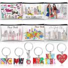 Conjunto de lembranças Landical New York, 6 bolsas de cosméticos, 6 chaveiros femininos Conjunto de lembranças Landical New York, 6 bolsas de cosméticos, 6 chaveiros femininos