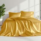 Conjunto de lençóis Love's Cabin, tamanho real, dourado, sedoso, cetim, 4 peças