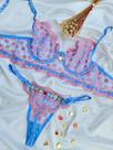 Conjunto de lingerie personalizável fio borboleta em tule com coração azul com rosa