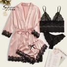 Conjunto de Lingerie Sensual Cetim, Kimono e Pijama, 4 Peças, Bege