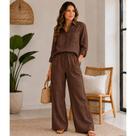Conjunto de Linho Feminino Camisa Manga Longa e Calça Pantalona Elegante Y832
