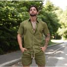 Conjunto de Linho Masculino com Camisa de botão e Bermuda Linho