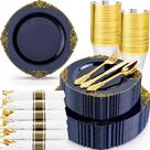 Conjunto de Louça Descartável Nervure 350 Peças Azul Marinho e Dourado para 50 Pessoas