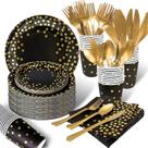Conjunto de louças de festa descartáveis AIRE preto e dourado 175 unidades