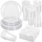 Conjunto de louças descartáveis Aodaer Clear 400 peças para 50 convidados Conjunto de louças descartáveis Aodaer Clear 400 peças para 50 convidados