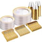 Conjunto de louças descartáveis BuCla Clear Gold 300 unidades com xícara Conjunto de louças descartáveis BuCla Clear Gold 300 unidades com xícara