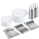 Conjunto de louças descartáveis BuCla White com borda prateada 150PC