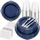 Conjunto de louças descartáveis Hioasis azul/prata 175 unidades para 25 convidados