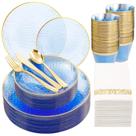 Conjunto de louças Rubtlamp 175 unidades para 25 convidados azul com borda dourada