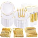 Conjunto de louças Supernal, 800 unidades, pratos com aro dourado, talheres e copos