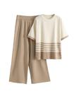 Conjunto de lounge feminino bronzeado de 2 peças em malha cáqui listrada (M)