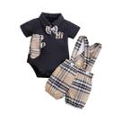 Conjunto De Macacão Com Suspensórios Para Bebês Meninos Em Estampa Xadrez Com Urso, Roupas Para