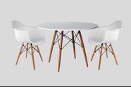 Conjunto De Mesa 2 Poltronas Brancas Eames 90 Cm Base Madeira Tampo Branco