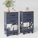 Conjunto de mesa de cabeceira ZYKZYK 2 Gavetas Azul Marinho com Topo em Noz 41x28x76 cm