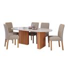 Conjunto de Mesa de Jantar Oval com Tampo de Vidro Off White Ester e 6 Cadeiras Fernanda Linho Bege e Cinamomo