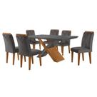 Conjunto de Mesa de Jantar Retangular com Tampo de Vidro Genova e 6 Cadeiras Itália Veludo Grafite e Imbuia