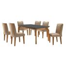 Conjunto de Mesa de Jantar Retangular com Tampo de Vidro Grafite e 6 Cadeiras Turquesa Linho Bege e Imbuia Conjunto de Mesa de Jantar Retangular com Tampo de Vidro Grafite e 6 Cadeiras Turquesa Linho Bege e Imbuia