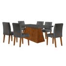 Conjunto de Mesa de Jantar Retangular com Tampo de Vidro Luna e 6 Cadeiras Grécia Linho Grafite e Imbuia