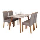 Conjunto de Mesa de Jantar Retangular com Tampo de Vidro Off White Adele e 4 Cadeiras Fernanda Linho Grafite e Madeira Conjunto de Mesa de Jantar Retangular com Tampo de Vidro Off White Adele e 4 Cadeiras Fernanda Linho Grafite e Madeira