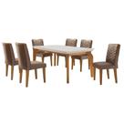 Conjunto de Mesa de Jantar Retangular com Tampo de Vidro Off White e 6 Cadeiras Turquesa Veludo Marrom e Imbuia