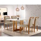 Conjunto de Mesa de Jantar Retangular com Tampo de Vidro Off White Talia e 4 Cadeiras Livia Linho Bege e Imbuia