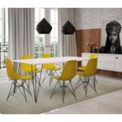 Conjunto de Mesa Eames Clips de Ferro Preto Tampo Branco 135x75 6 Cadeiras Preta Assento Amarelo