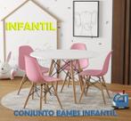 Conjunto De Mesa Eames Eiffel Madeira Infantil 68cm Redondo Branco 4 Cadeiras Rosa