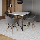 Conjunto de Mesa Industrial Base Preta Tampo Quadrado 90cm Branco 4 Poltronas Estofadas Grafite