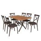 Conjunto de Mesa Jogo Sala Janatar Ciplafe Karina x Tampo Madeira bp Amendoa 1,36m x 0,80m Retangular 6 Cadeiras Tubo Bronze Assento Estofado